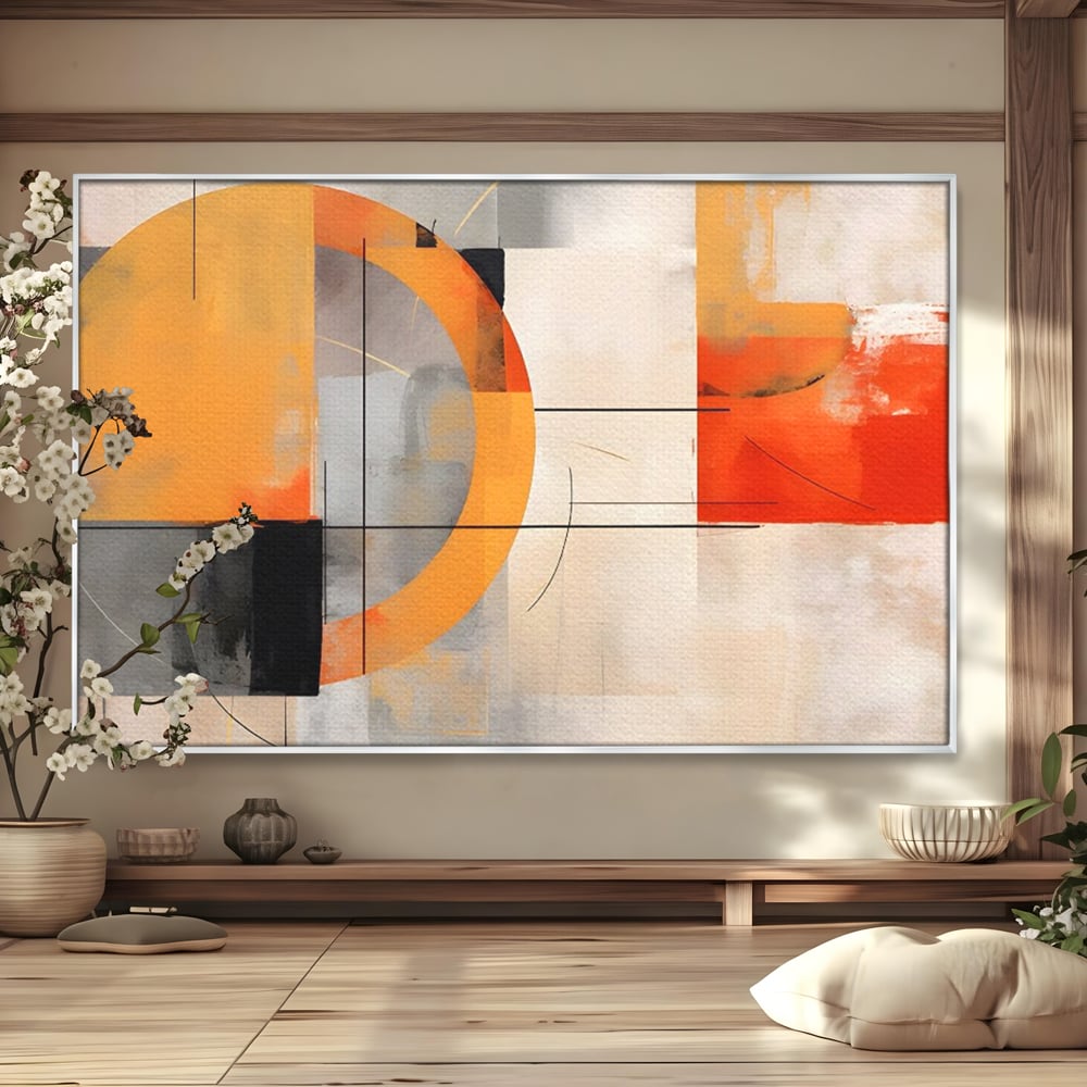 Tablou canvas cu pictura abstracta cu cerc galben, in rama de aluminiu argintiu